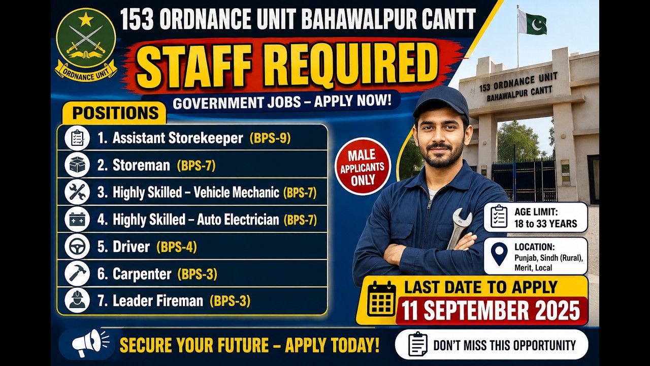 153 Ordnance Unit Bahawalpur Cantt Jobs 2025 | Army Jobs | Staff Required | BPS-3 to BPS-9