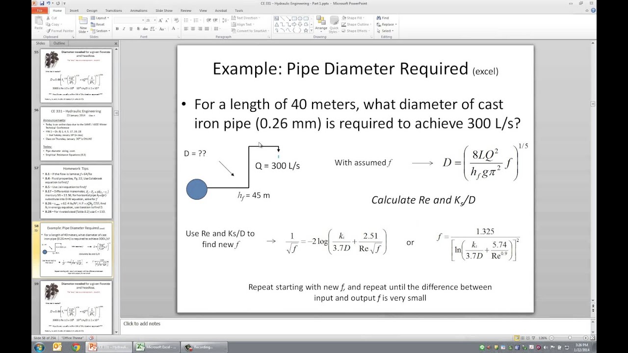 CE 331 - Class 4 (1/23/2014) Pipe Diameter sizing; Darcy-Weisbach, Hazen-Williams, Manning's