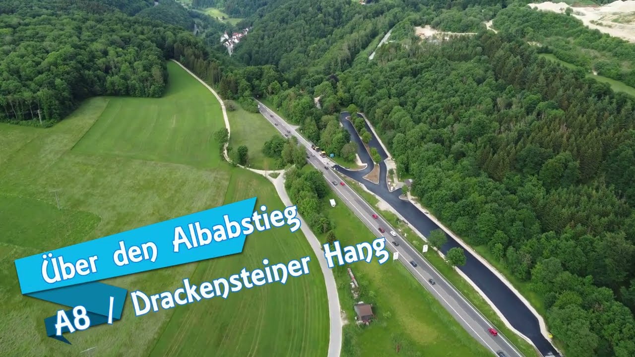 Über den Albabstieg an der A8, Drackensteiner Hang. Schwäbische Alb, Baden-Württemberg. 4K.