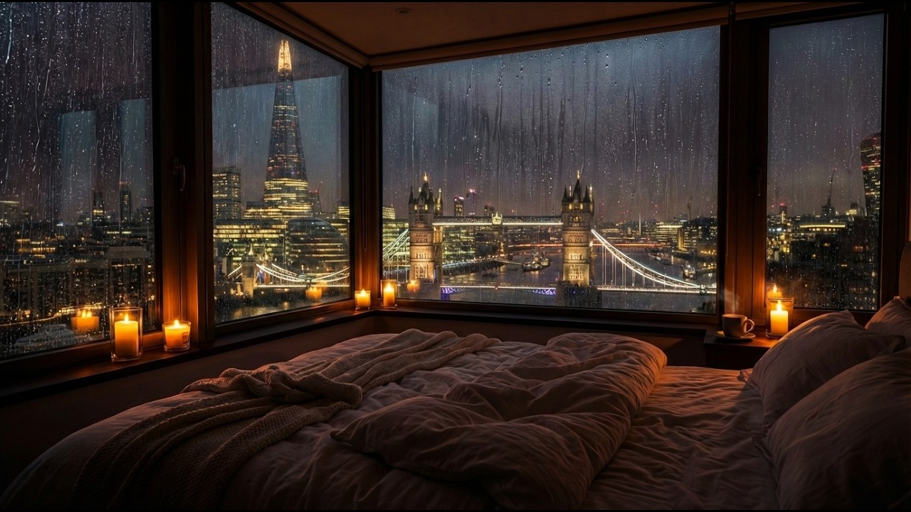 Rainy London Night from Bed 🌧️🛏️ Cozy Window View & City Ambience | 4K Sleep & Relaxation (2 Hours)