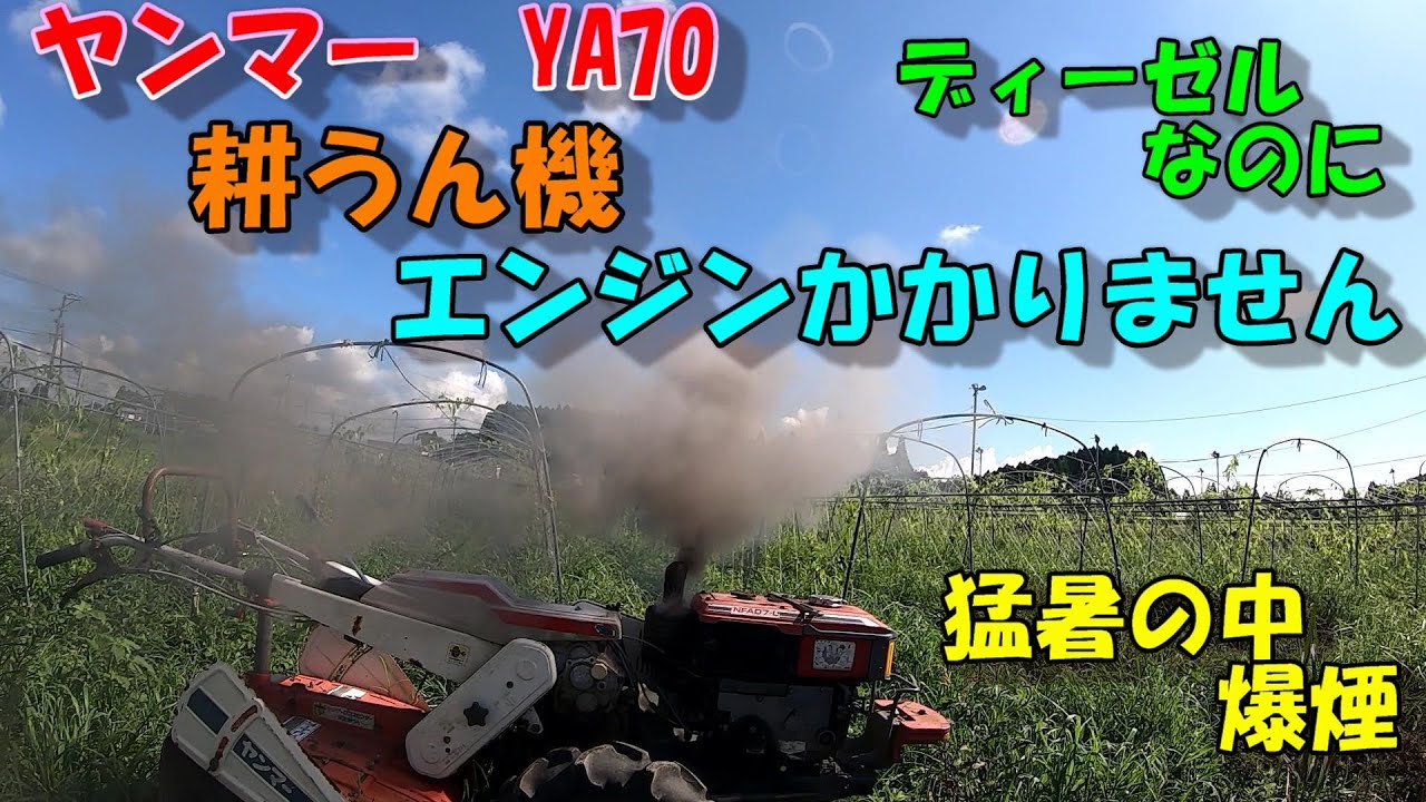 暑いし耕耘機は一発でかかるはず...なのだがウンともスンともいいません。。。この間使ったときは良かったけどな。横型ディーゼル緊急始動方法!!!!!