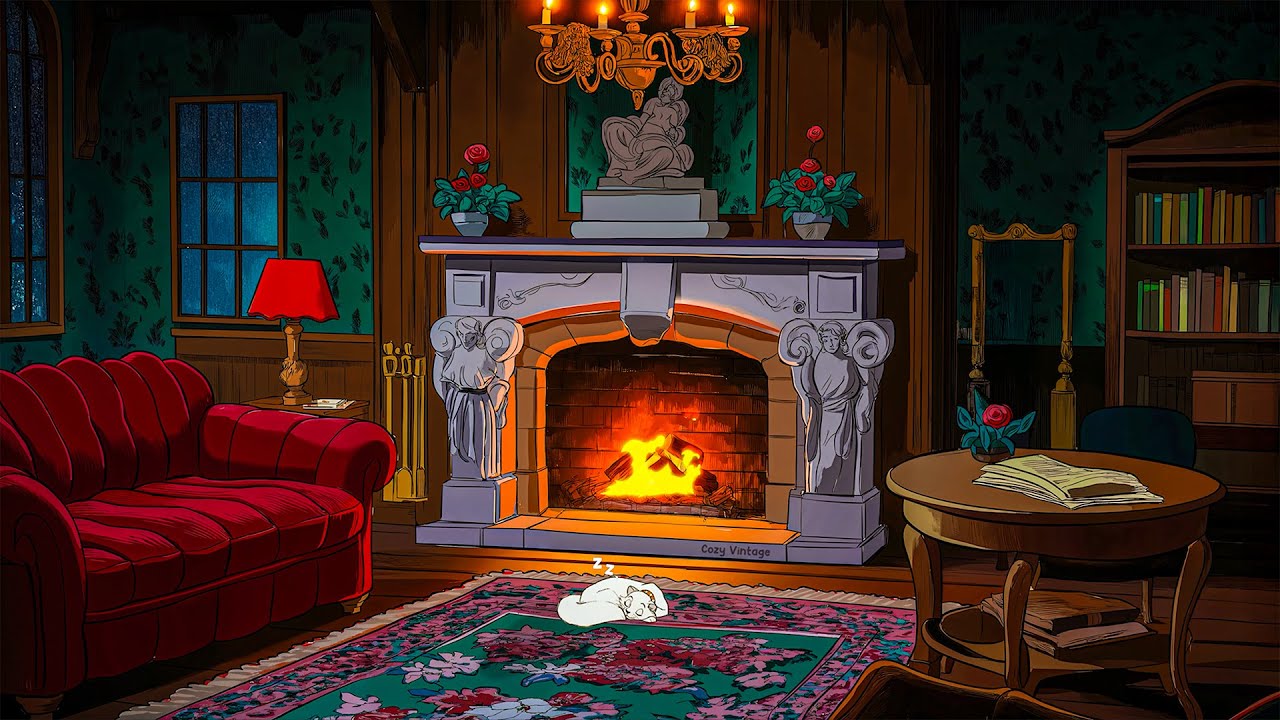 1940s oldies playing in another room on a rainy night | cozy fireplace | relax, unwind, sleep