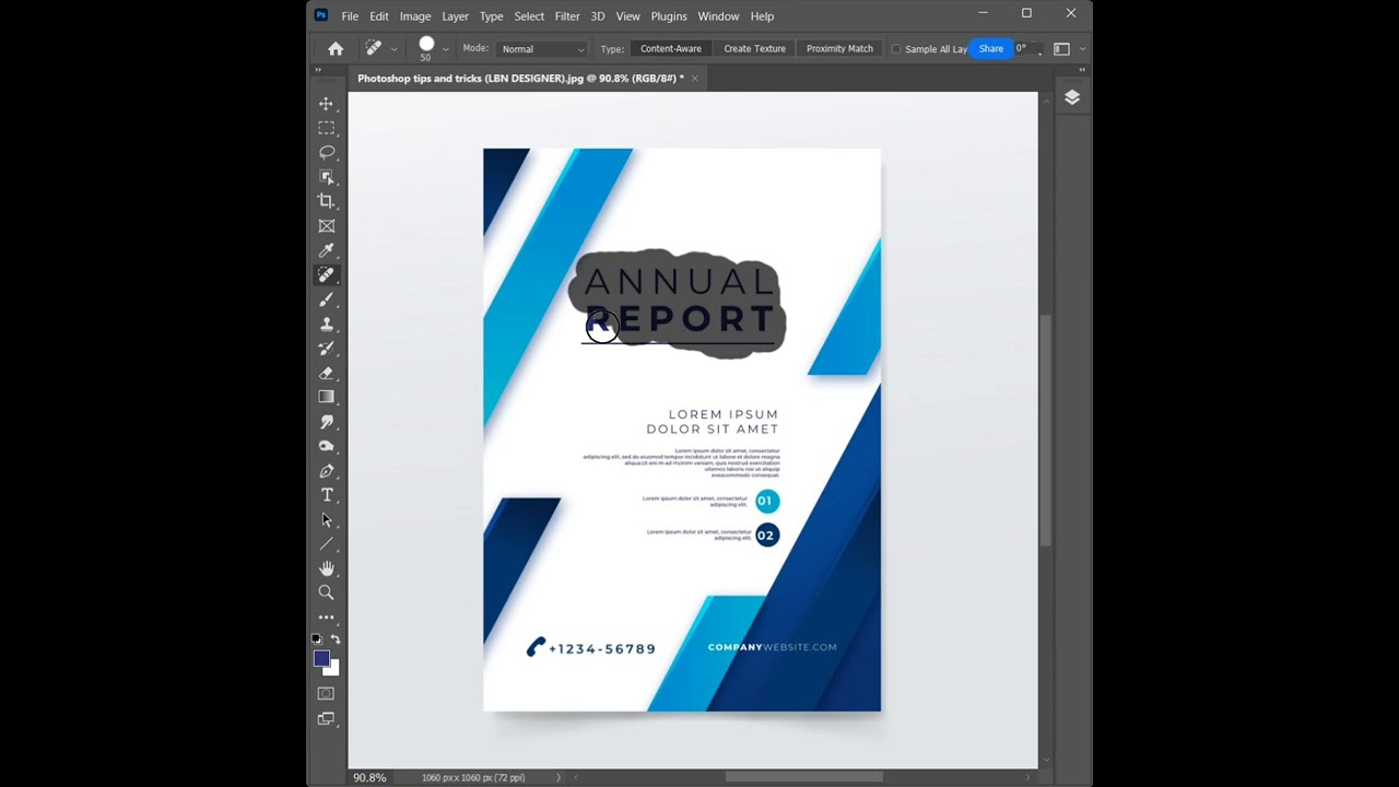 How to remove the text using on spot healing brush tool in Photoshop for beginners