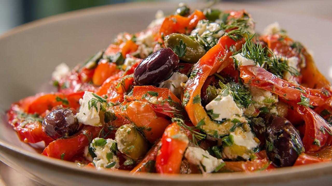 Gesunder Salat mit Paprika, Feta, Oliven und frischen Kräutern - einfach köstlich