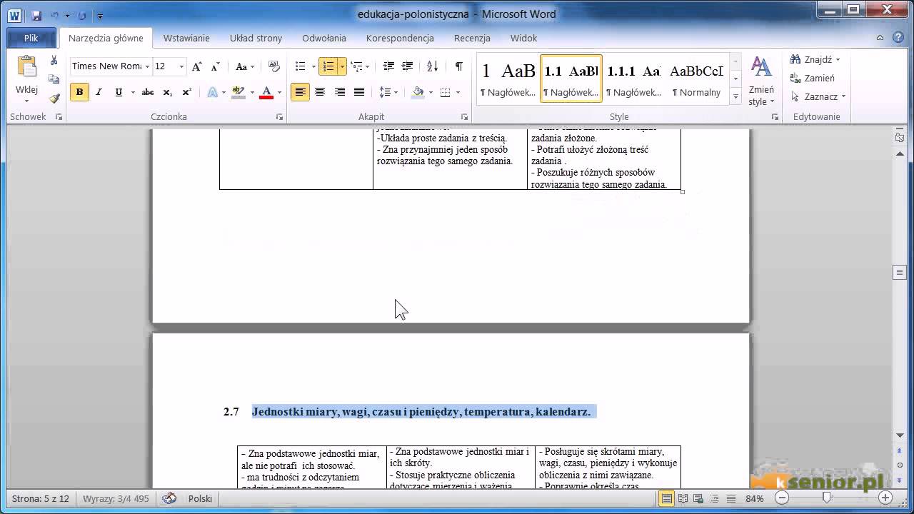 Microsoft Word 2007/2010 - ćwiczenie edukacja polonistyczna - wstawianie spisu treści.