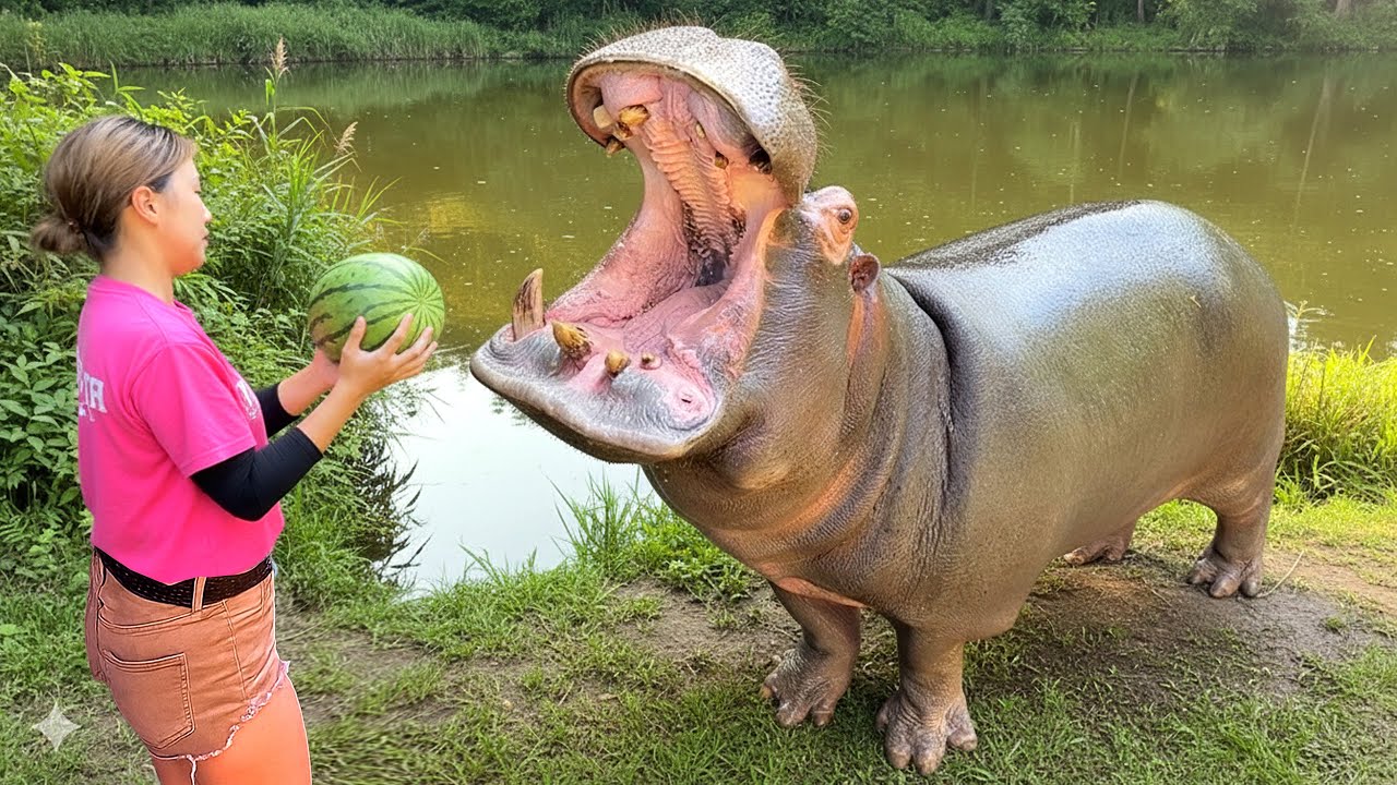 Лучшие африканские дикие животные в зоопарке | Бегемот ест арбуз