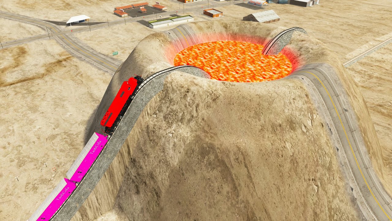 Trains vs Giant Bulge with Giant Volcano - BeamNG.Drive
