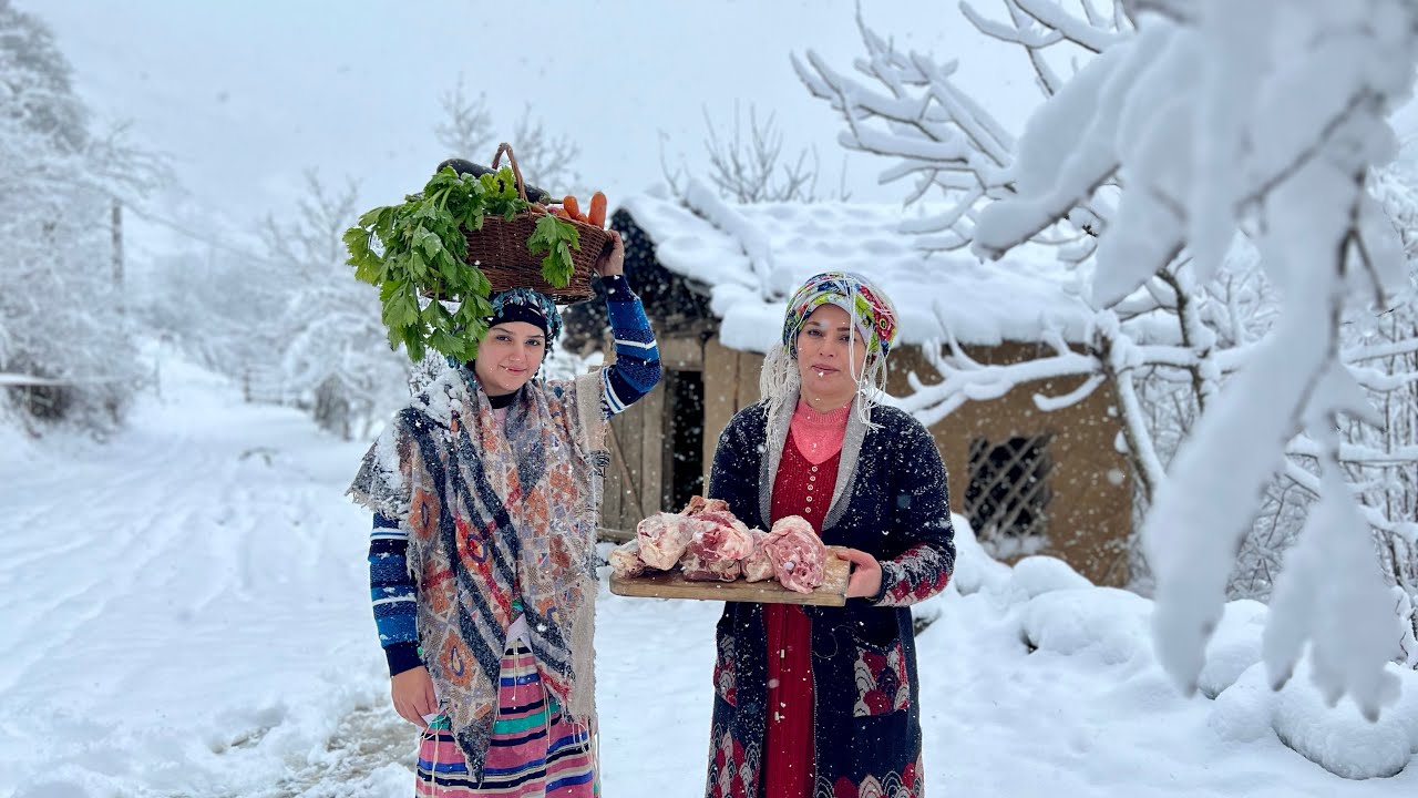 Snowy Day in the Mountains: Cooking Lamb Muscle & Neck Stew and Chopping Firewood