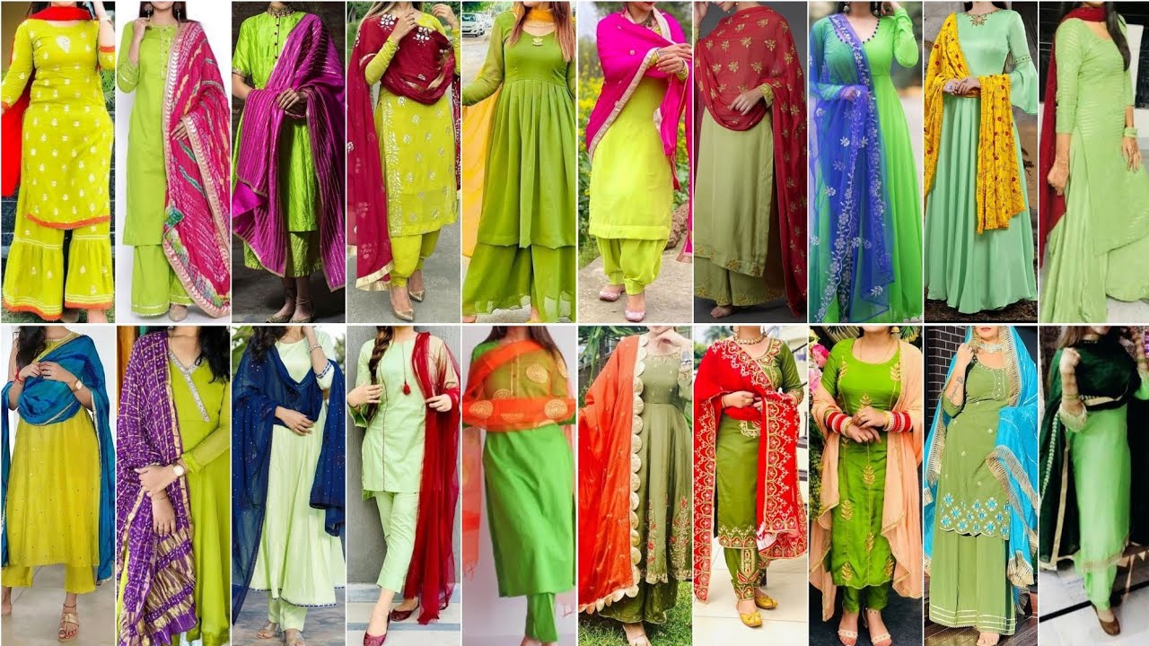 Stylish Green Colour Punjabi Suit Design with Contrast Dupatta 2023 | Best Colour Combination Ideas