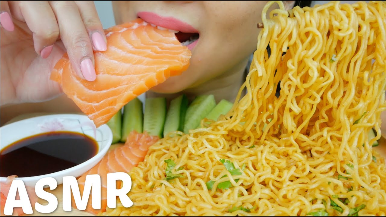 ASMR Raw Salmon Sashimi & Mi Goreng Noodles *No Talking Eating Sounds Mukbang | N.E Let's Eat