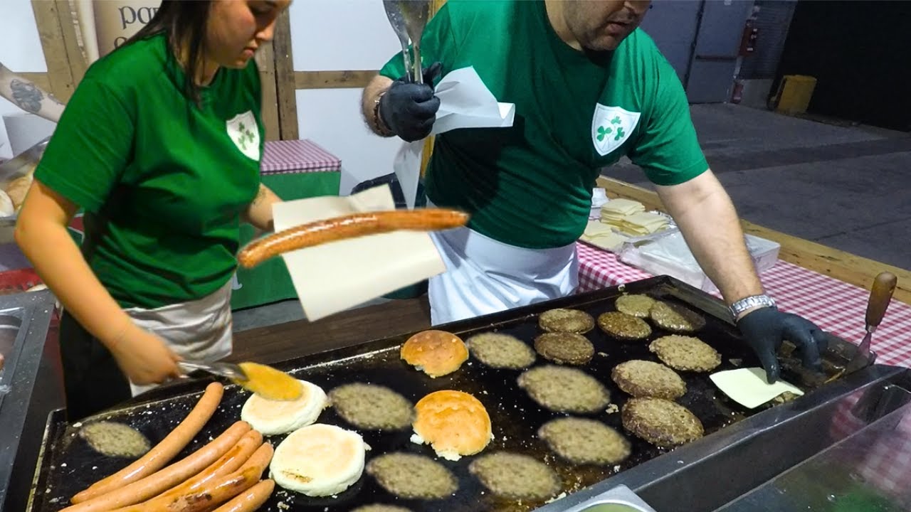Irish Street Food. Fast Cooking of Angus Beef Burgers & Hot Dog