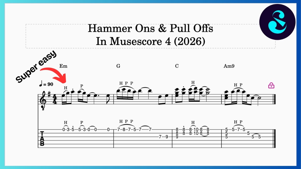 В MuseScore 4 теперь очень легко использовать приемы Hammer On и Pull Off (2026).