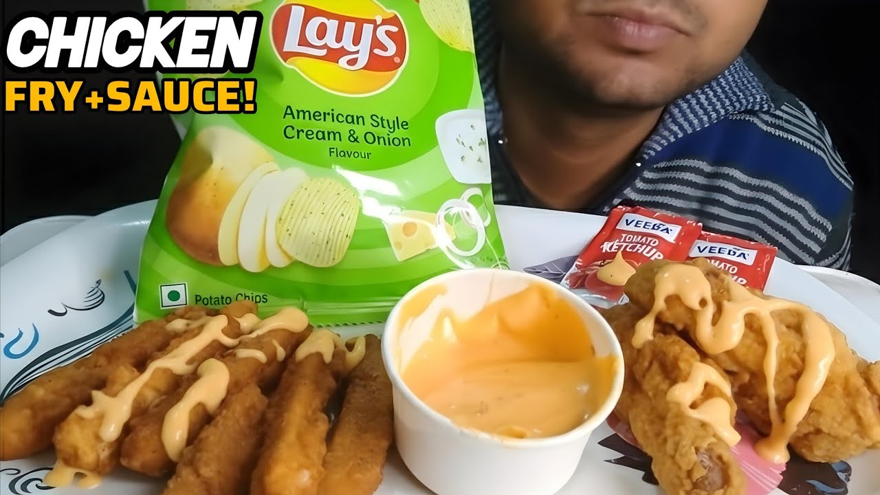 ASMR EATING CHICKEN FRY,CHICKEN WINGS, SAUCE,LAYS||