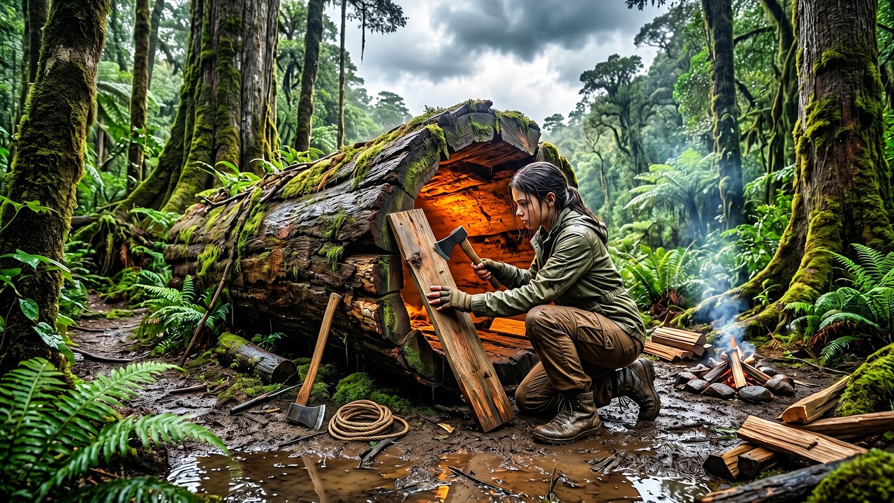 I Built an Off-Grid Home Inside a Giant Hollowed Tree (Silent ASMR)