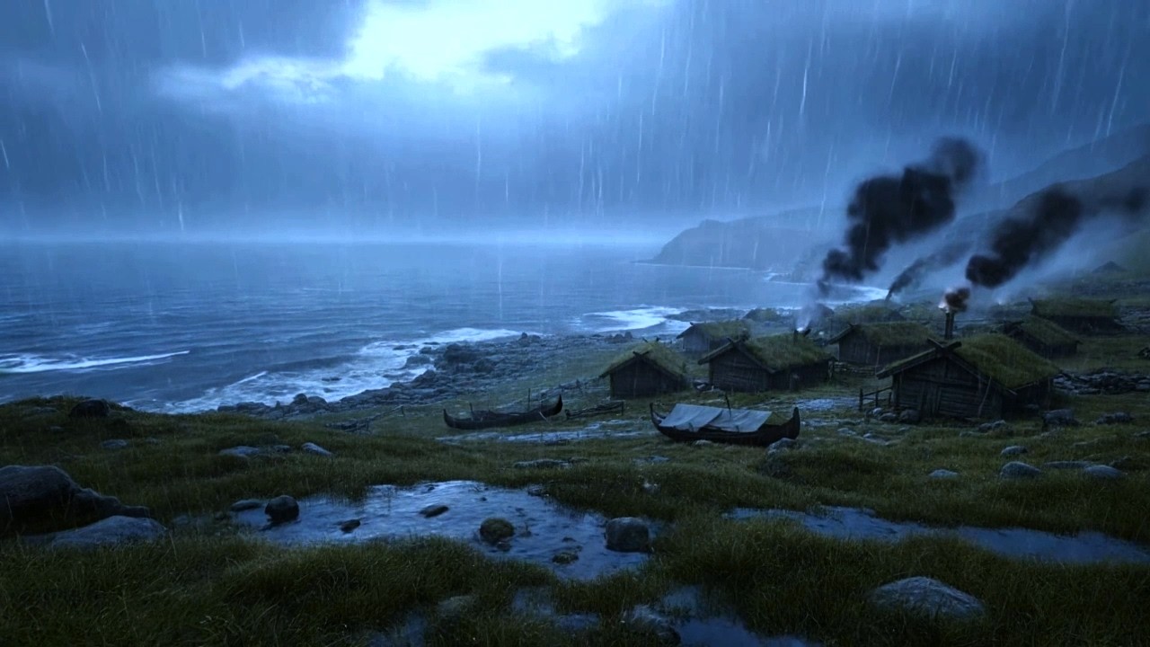 Ocean Waves & Rain Sounds 🌊 Cozy Viking Coastal Village Ambience | Relaxing Atmosphere