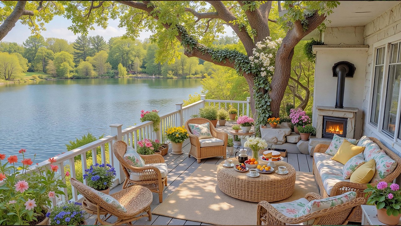Cozy Lakeside Cabin in Spring Ambience 🌸 Smooth Piano & Crackling Fireplace for Relaxation