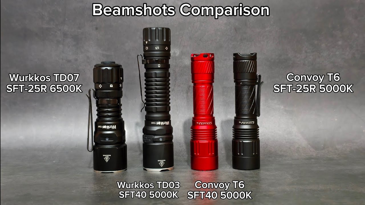 Wurkkos TD07 SFT-25R 6000K vs TD03 SFT40 5000K vs Convoy T6 SFT40 5000K vs T6 SFT-25R 5000K