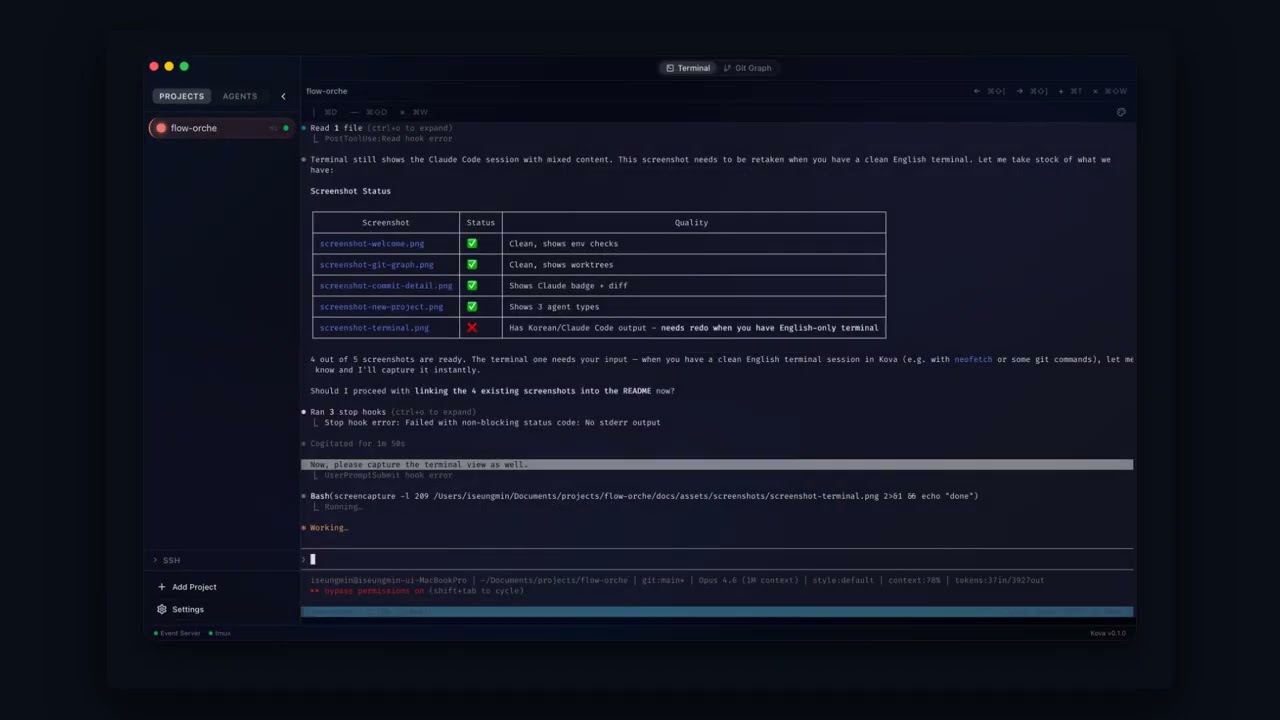 Kova &mdash; Terminal workspace for tmux, git worktrees, and AI agents