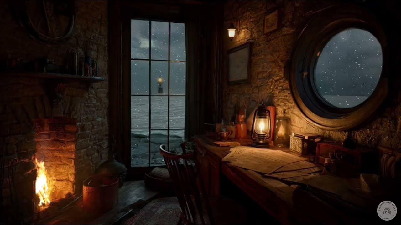 Epic Snowy Coastline Sleep Ambience 🌊 Lighthouse Storm, Wind & Crackling Fire