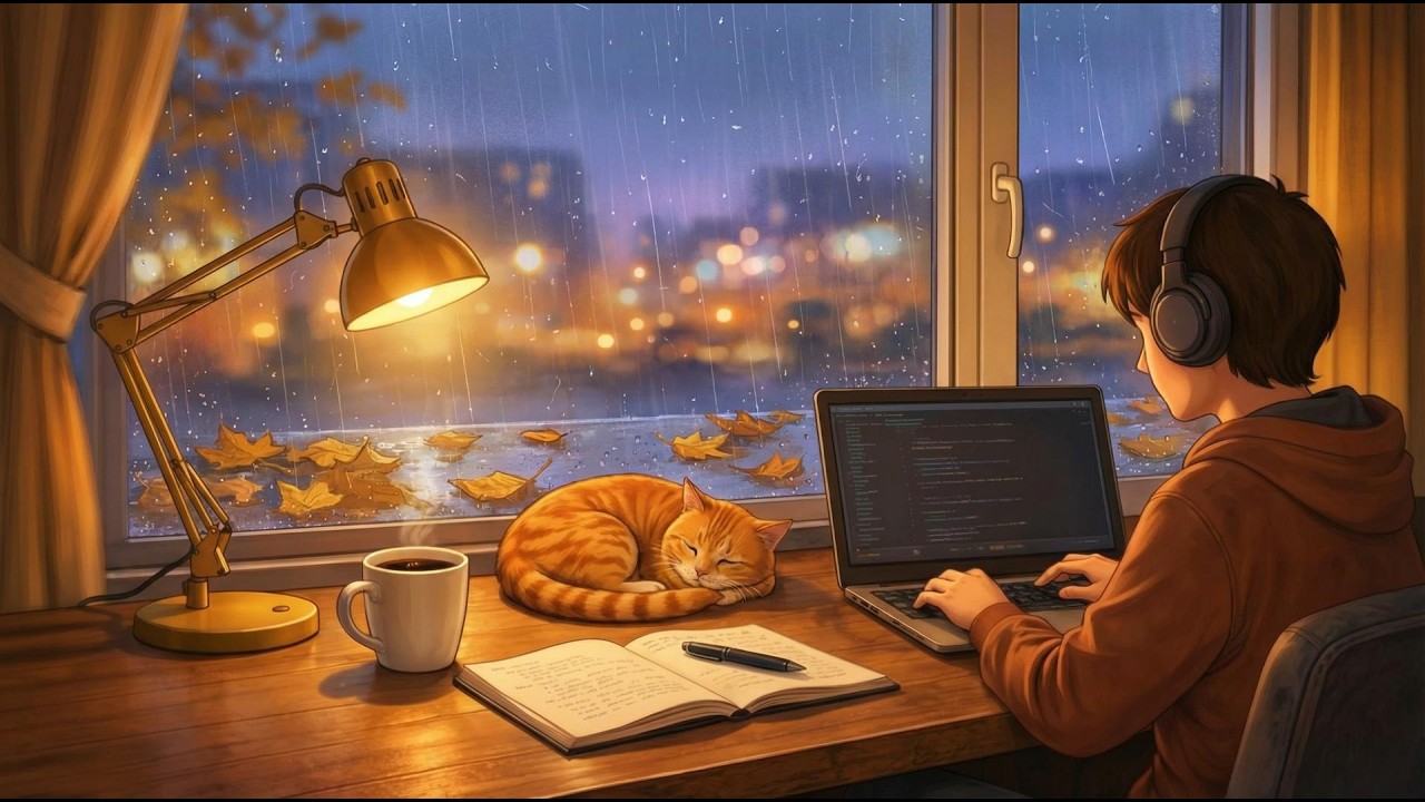 Fall Vibes Lofi 🍁 Cozy Rain & Cat for Deep Focus, Study & Coding (2 Hours）