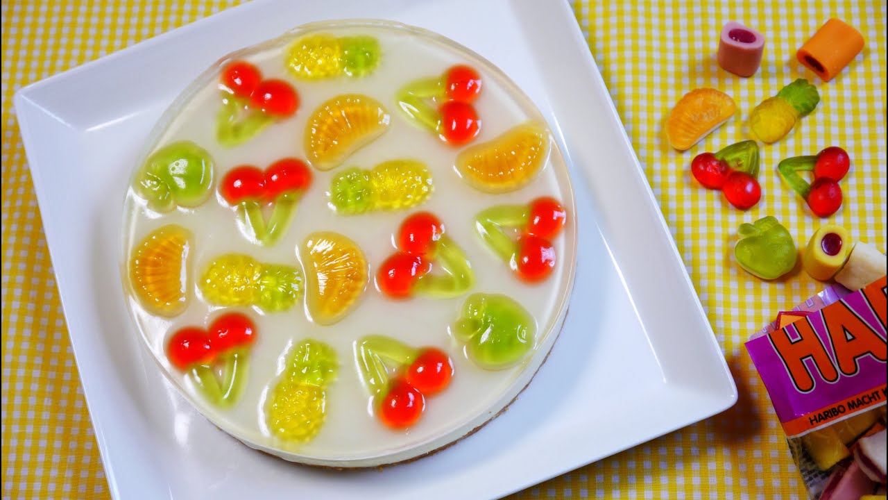 Haribo Gummy Imitation Fruit No Bake Cheesecake ハリボーグミをのせた なんちゃってフルーツなレアチーズケーキ
