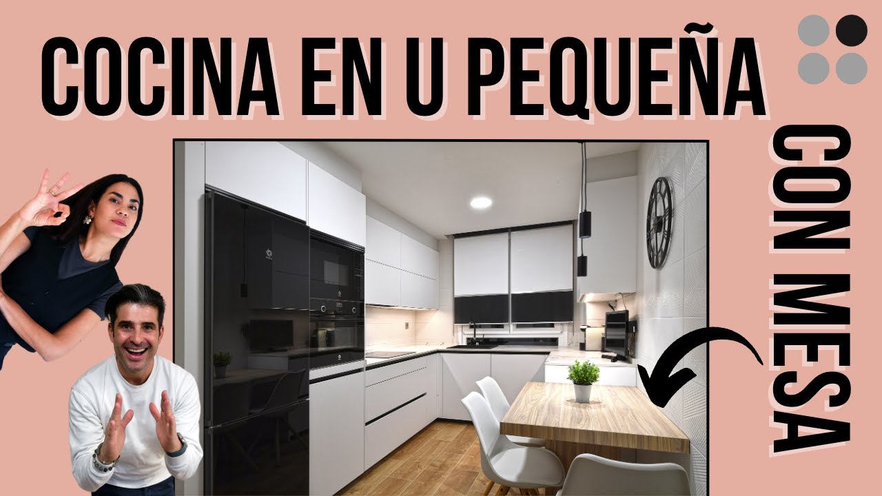 Cocina PEQUEÑA blanca dekton kairos EN U con mesa CJR
