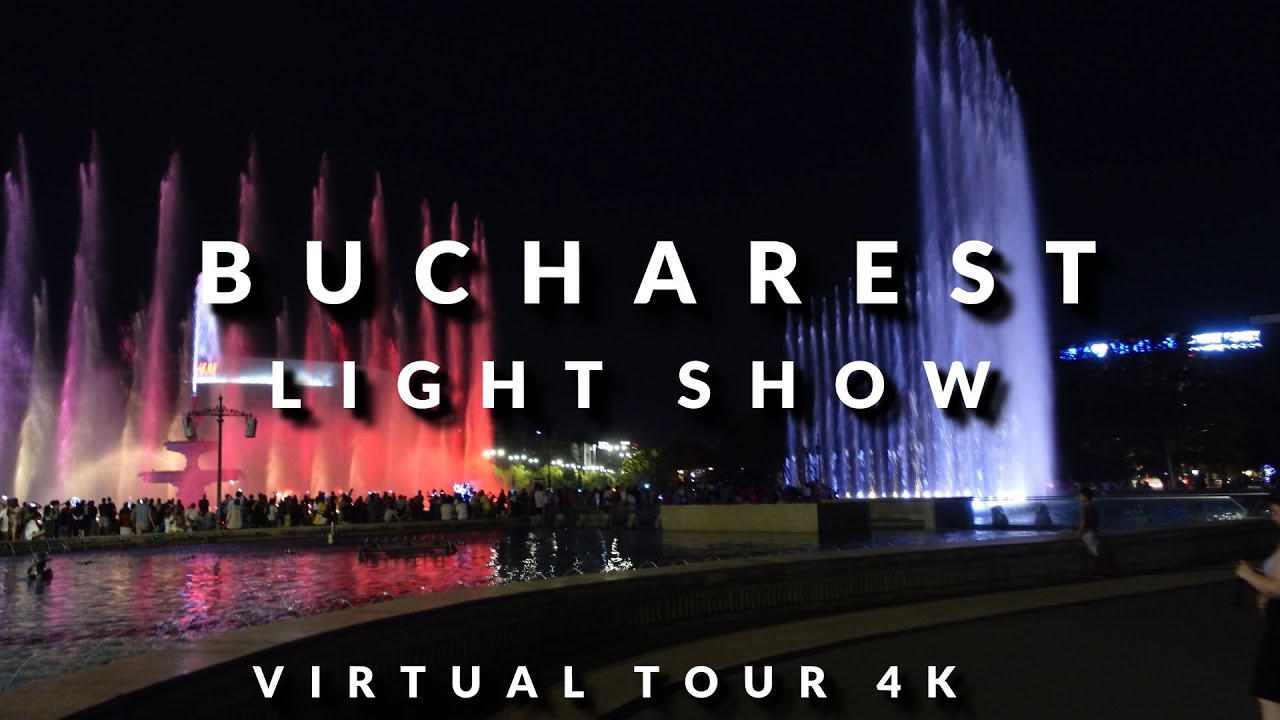 Bucharest, Romania Virtual Tour 4K. Fountain Light Show. Old Town Center Walking Tour
