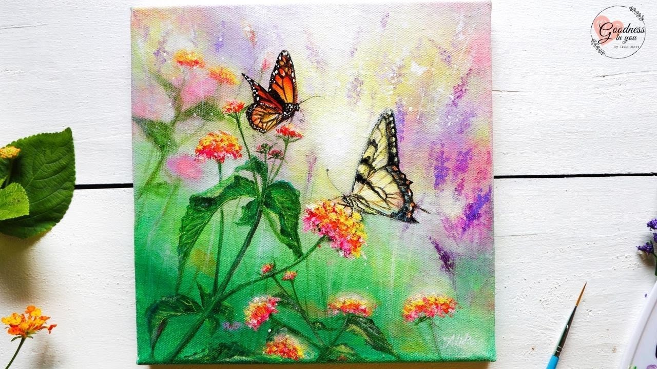 Paint Step by Step  Butterfly🦋 and  Flowers with me💫 / Acrylic painting Tutorial for Beginners🎨