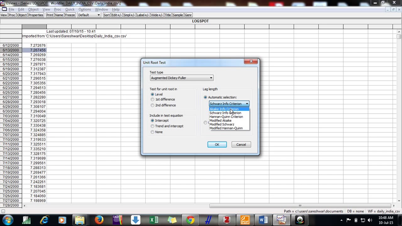 Checking stationarity by ADF Test in Eviews