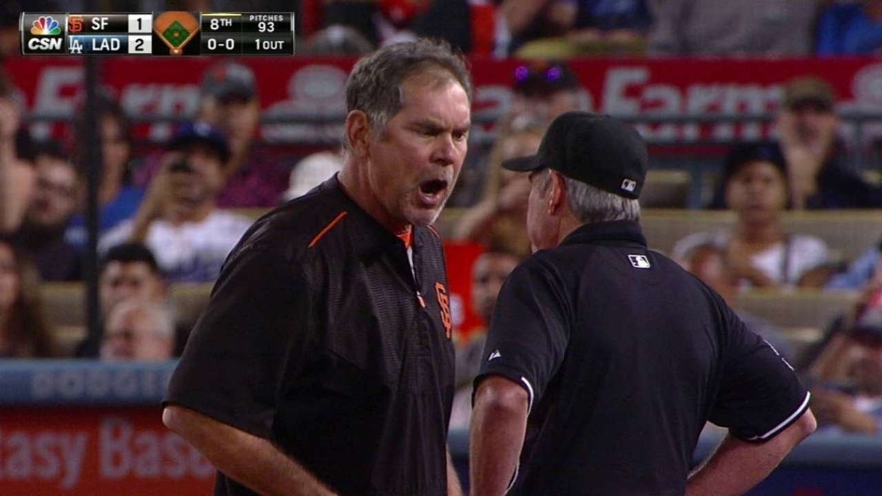 SF@LAD: Bochy ejected after arguing strikeout