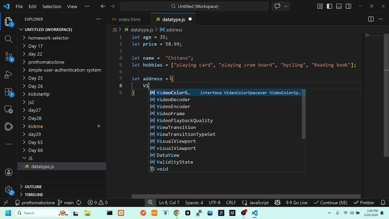 Data type in JavaScript (Number, String, Boolean, Array, Object) (Live class: 20/2/2026)