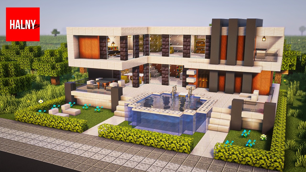 How to build a mansion with a swimming pool in Minecraft