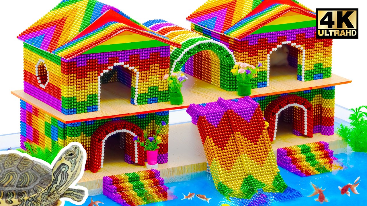 How To Build Double House, Water Slide From 2nd Floor To Swimming Pool From LEGO, Magnetic Balls