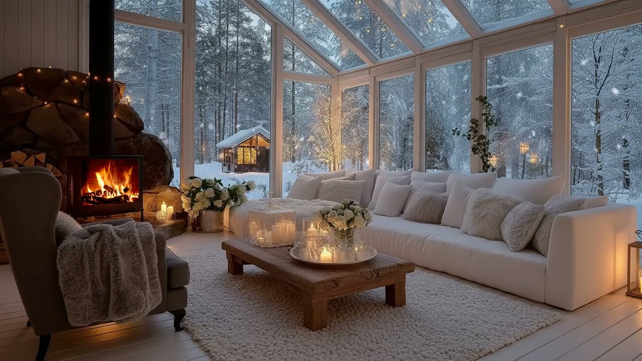 ❄️ Gentle Piano Music | White Lounge with Snowy View – 3 Hours Relax Meditation Focus