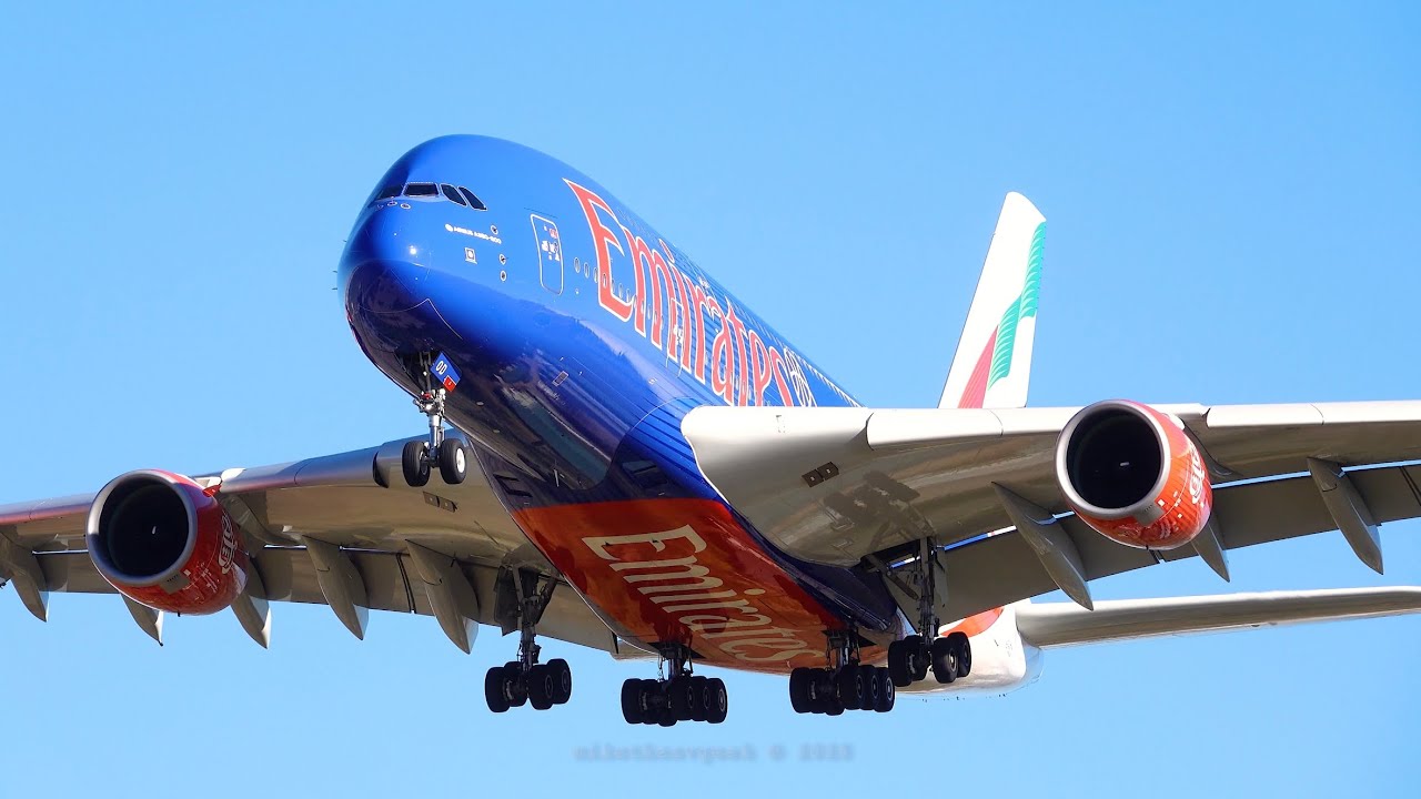 Emirates A380 NBA livery crosswind landing Barcelona El Prat