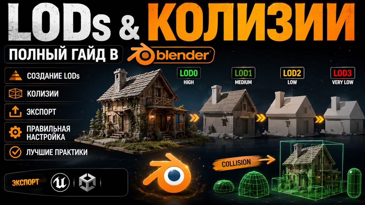Как сделать LODs и Коллизию в BLENDER 3D | Экспорт в UNREAL ENGINE 5
