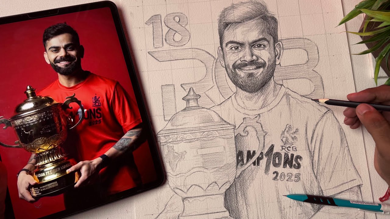 Virat Kohli Drawing With IPL Trophy,  Virat Kohli,  RCB,  Outline Tutorial 😍