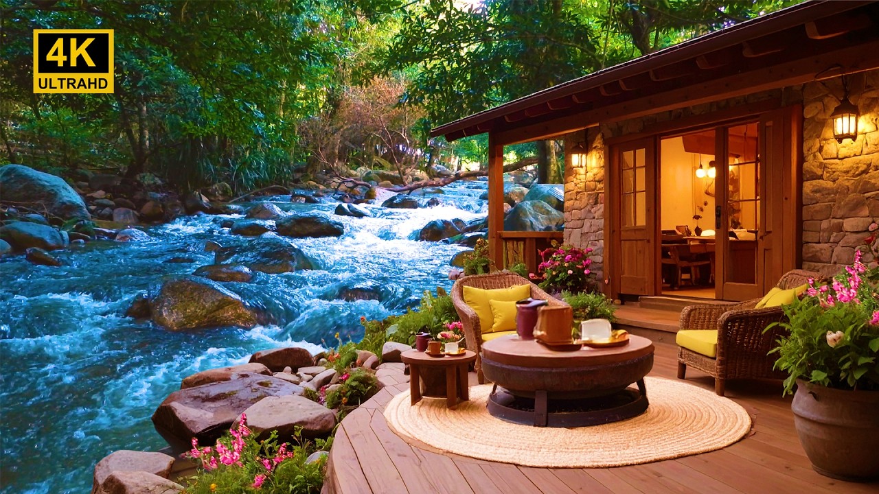 🎶4K Riverside Café Jazz Smooth Piano & Crystal Water for Deep Relief Calm & Sleeping