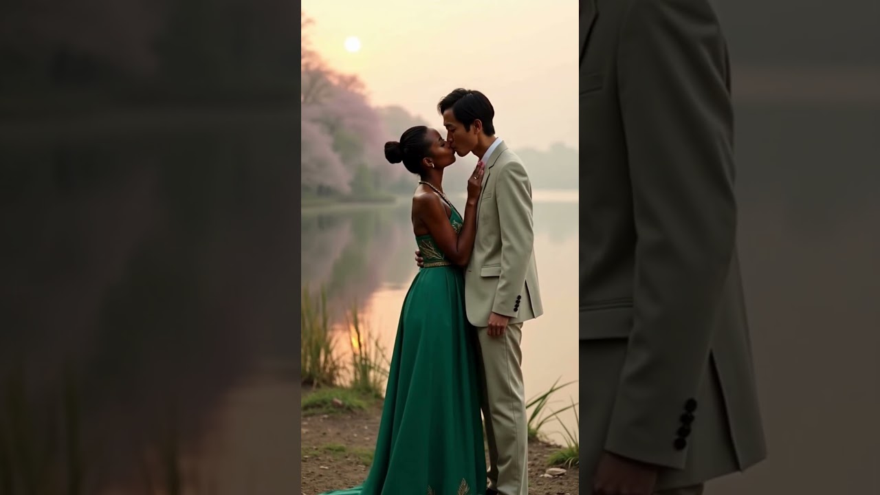Black Woman and East Asian Man Share a Tender Moment at Sunset #lovestory