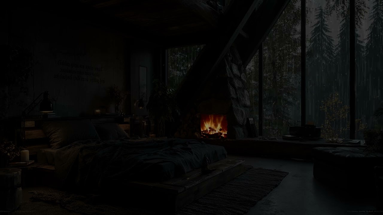 Long Rainy Night Beneath Tall Pine Trees | Warm Fireplace Cabin Comfort Natural Rain Sounds