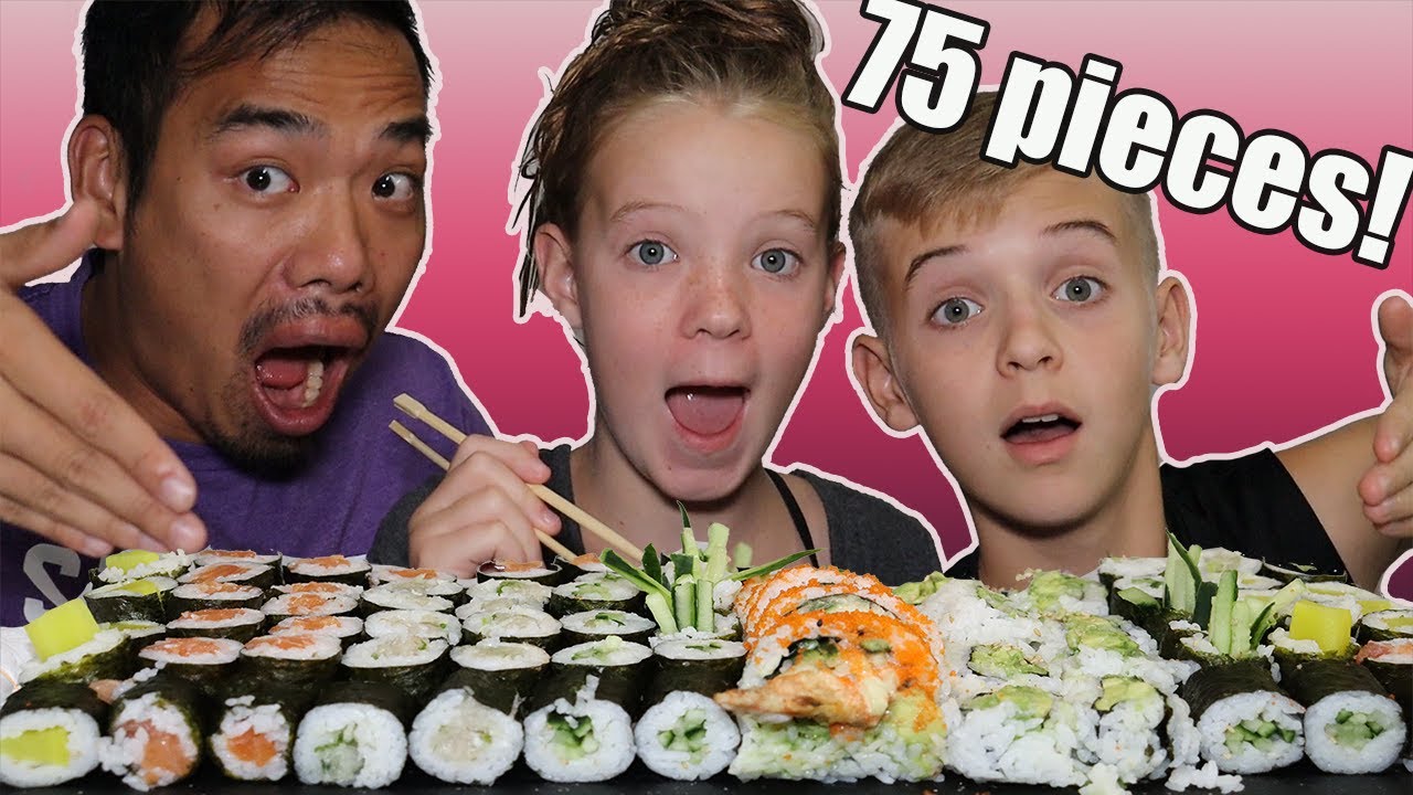 75 PIECES OF MAKI SUSHI - CAN WE EAT IT ALL? SALMON, CUCUMBER, PICKLED RADISH, NEGITORO MUKBANG