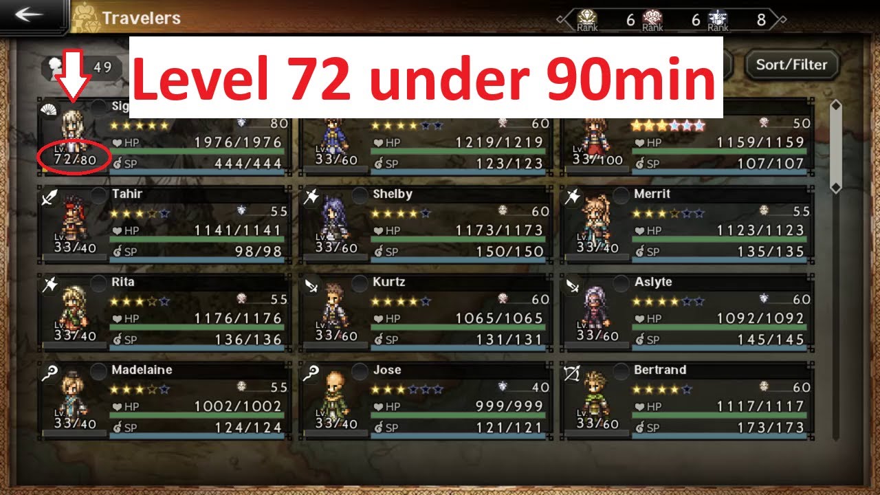 Octopath COTC Beginner day 1: 90 min to get one lvl72 and multiple lvl32 chars