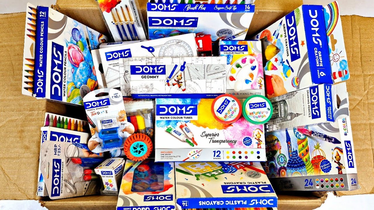 DOMS Stationery Collection🤩Geometry, Oil Pastels, Wax Crayon, Sharpener, Eraser, Brush Pens, Pencil