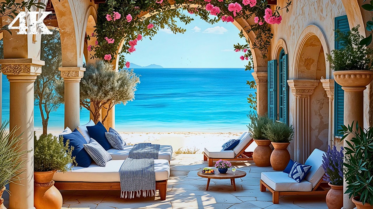 Mediterranean Beach Villa Patio | Float Away in Endless Calm with Ocean Waves & Sea Breeze