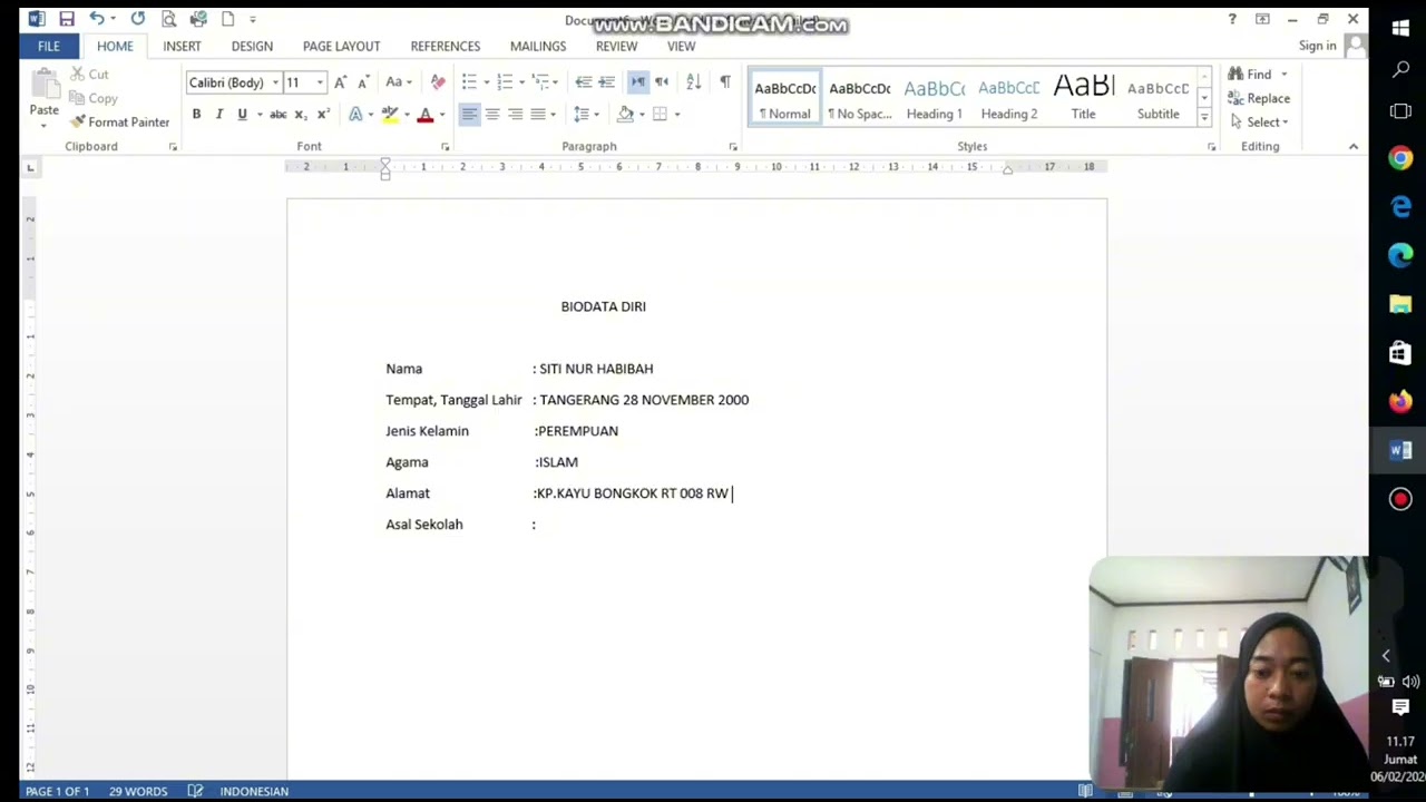 Praktek pemula membuat biodata diri di ms.word