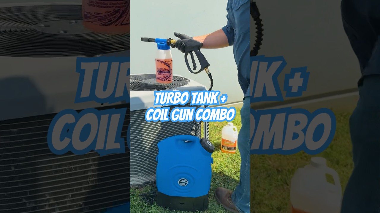 No hose? No problem! 👍 the Turbo Tank + Coil Gun combo makes coil cleaning a breeze anywhere! #hvac