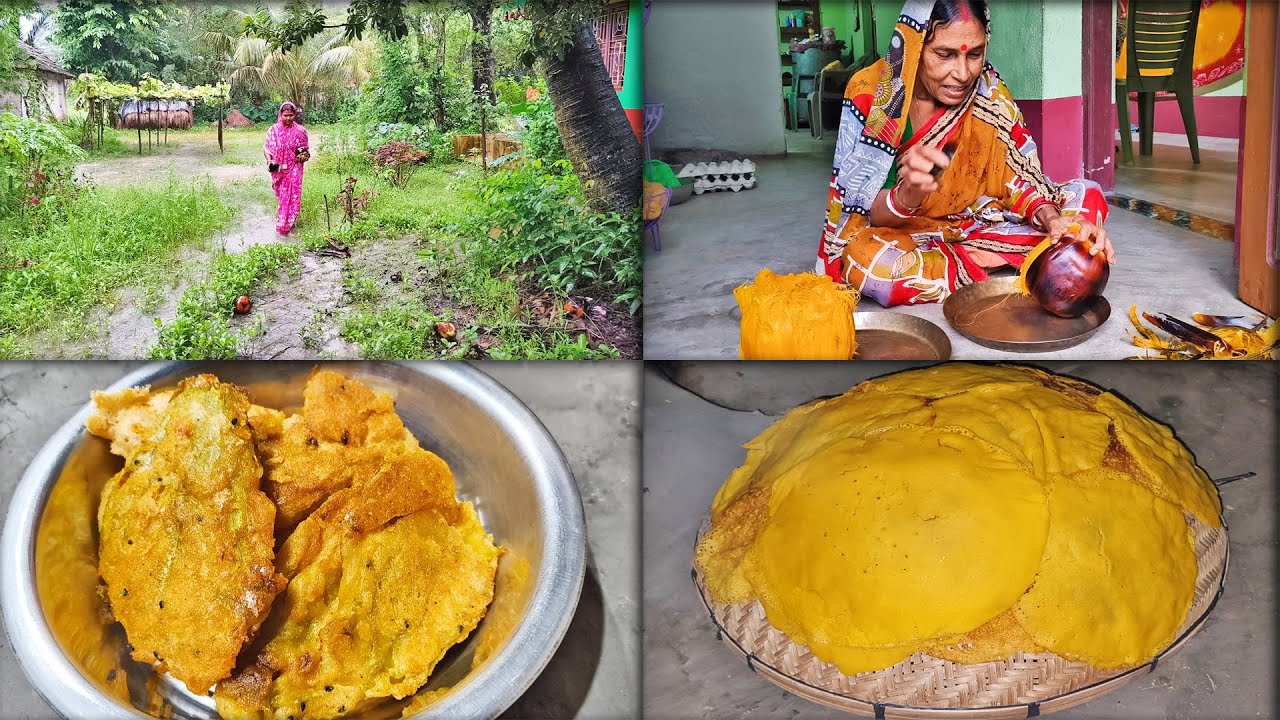 প্রচুর বৃষ্টি হচ্ছে,পুকুর মাঠ জলে ভরেছে,ভাতের সাথে কুমড়ো ফুলের বড়া,বিকেলে তালের সরুচাকলি পিঠে তৈরী
