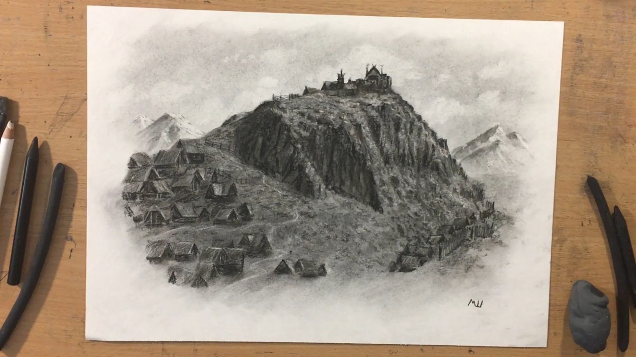 Рисунок углем, изображающий Эдорас — Королевский зал на холме.