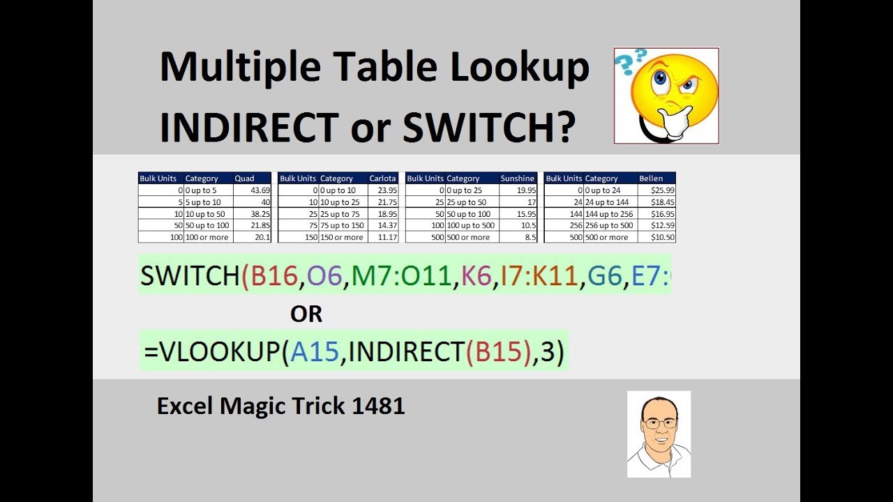 Excel Magic Trick 1481: Multiple Table Lookup: SWITCH or INDIRECT Function? VLOOKUP too