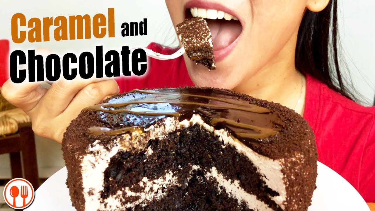 ASMR Chocolate and Caramel Cake (soft eating sounds) | LaniEats ASMR